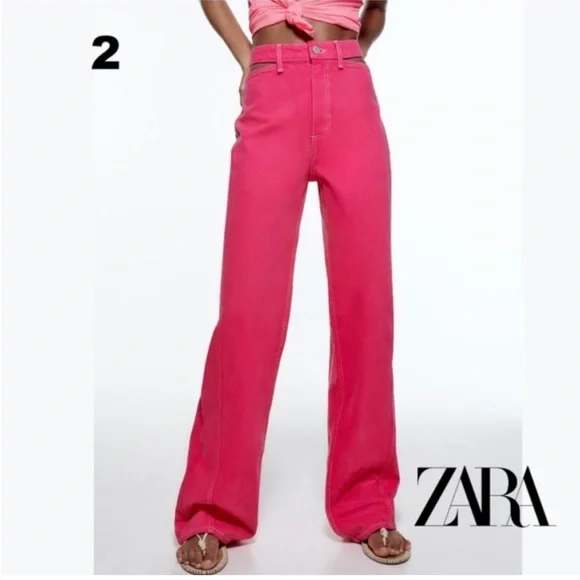ZARA ストレートデニムパンツ ピンク ZARA ピンク マリンストレートデニム 38 M L ワイド ハイ